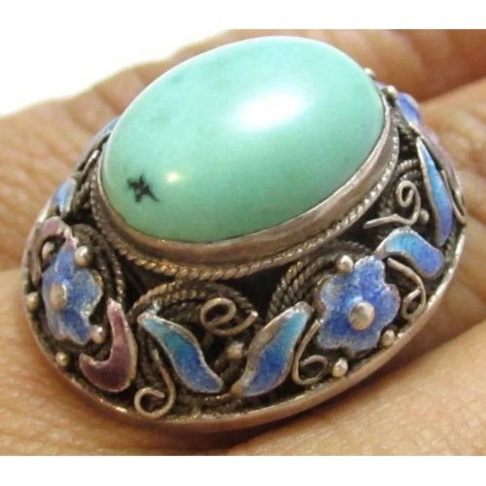 Vintage Chinese Export Enamel Flower 925 St Silver‎ Turquoise Ring*9.25